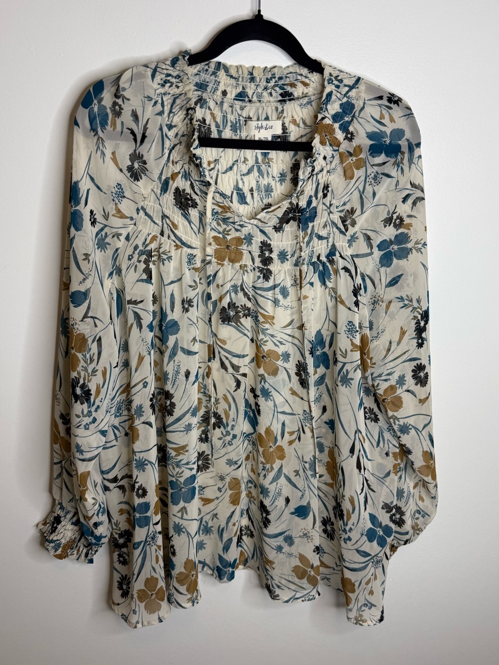 Style & Co. Cream Floral Peasant Blouse with Teal & Mustard Accents size XL